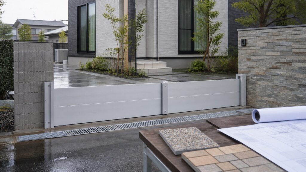 雨上がりの住宅駐車場入口に取り外し式防水板と排水溝を設置した浸水対策テーマ画像