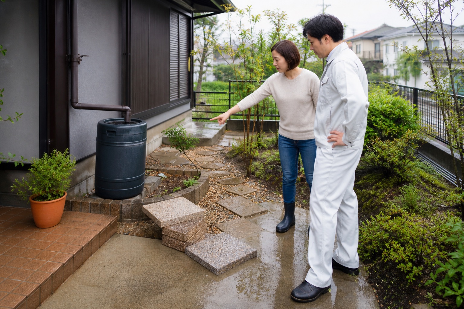 庭じまい前の住宅で雨水タンクと透水性舗装の配置を相談するテーマ画像