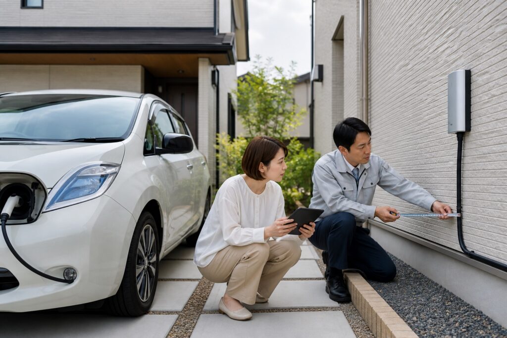 戸建て駐車場で施主と外構担当者がEV充電設備の配線経路を確認するテーマ画像