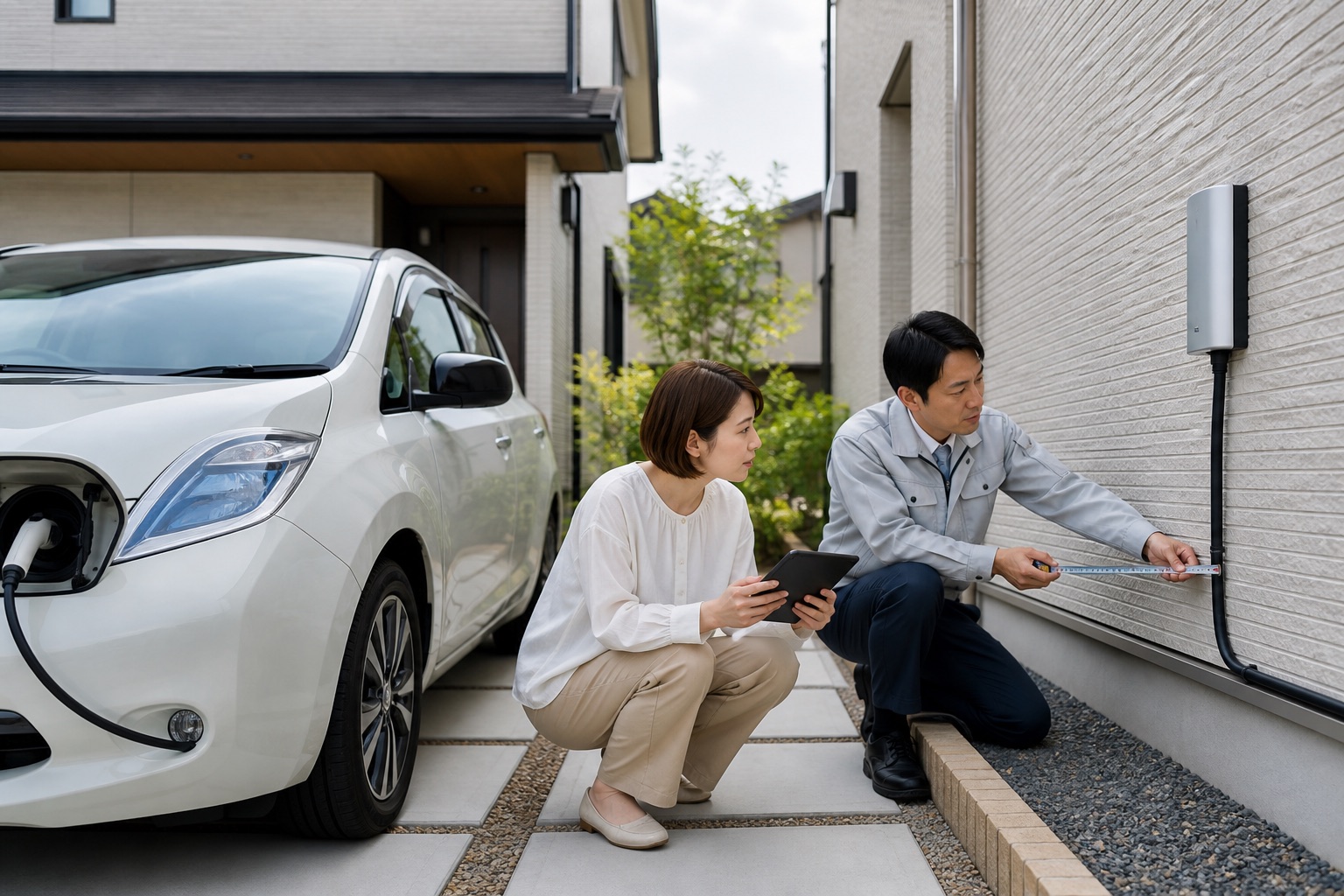 戸建て駐車場で施主と外構担当者がEV充電設備の配線経路を確認するテーマ画像