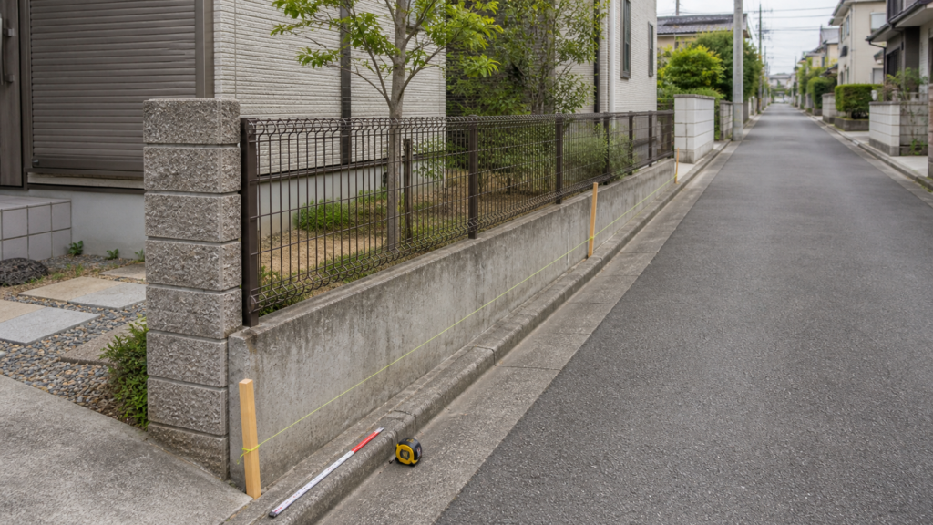 狭い住宅道路沿いのフェンスと測量用の巻尺