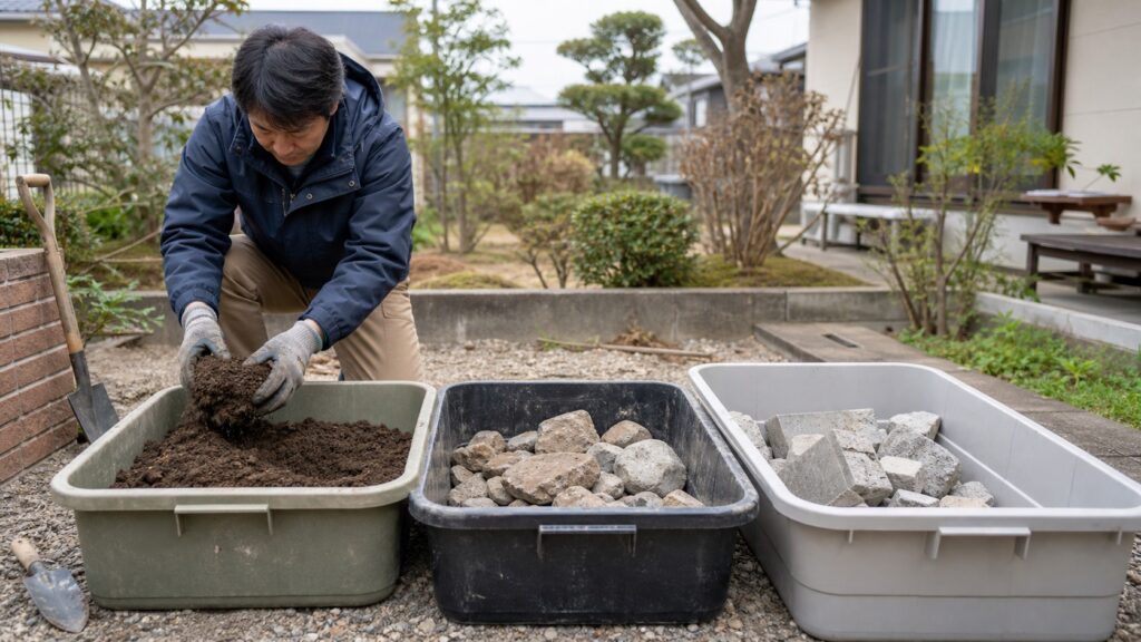 庭のDIYで出た土と石とコンクリート片を容器別に分けて確認するテーマ画像
