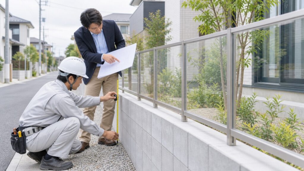 住宅地の道路境界で透視性フェンスと基礎高さを確認するテーマ画像