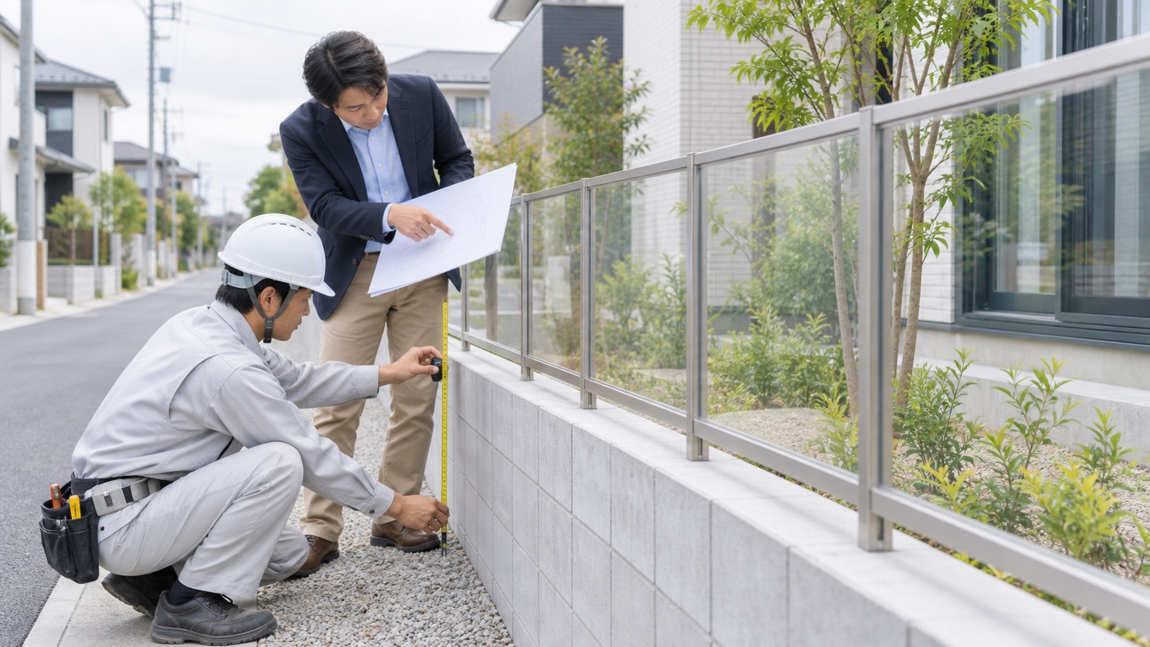 住宅地の道路境界で透視性フェンスと基礎高さを確認するテーマ画像