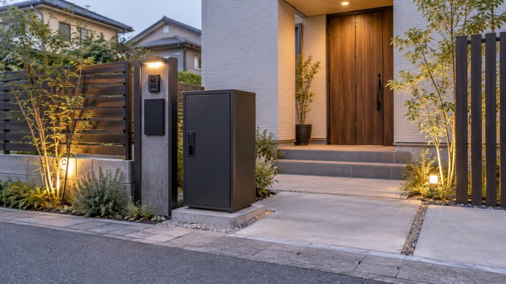 明るく見通しのよい戸建て玄関外構に固定設置された宅配ボックスのテーマ画像