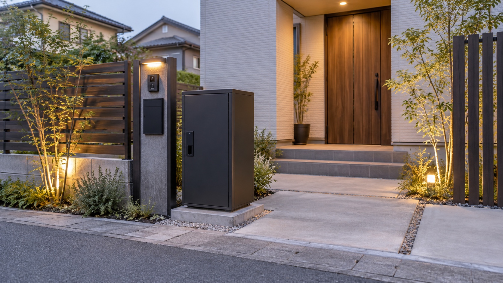 明るく見通しのよい戸建て玄関外構に固定設置された宅配ボックスのテーマ画像