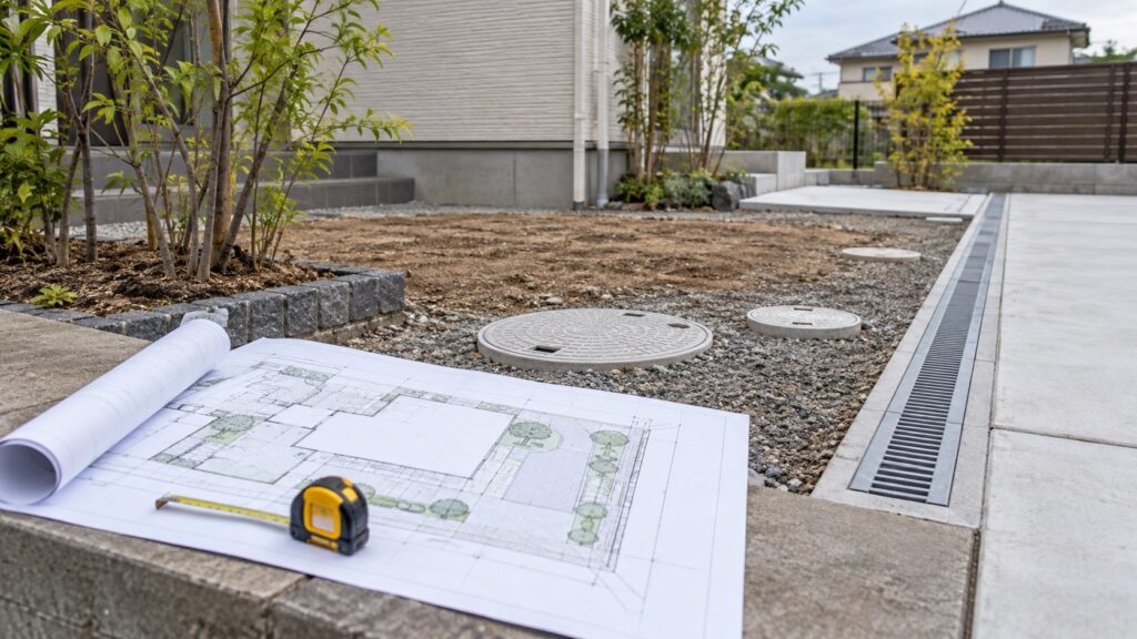 外構図面と排水経路を住宅の庭で照合する見積確認のテーマ画像
