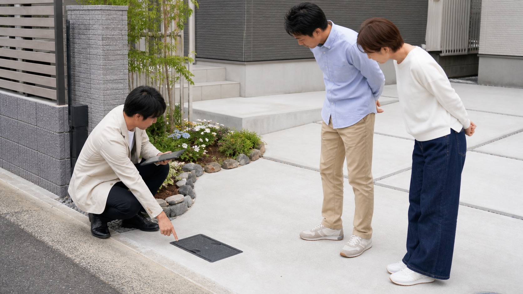 外構計画前に住宅前の水道メーターボックス位置を確認するテーマ画像