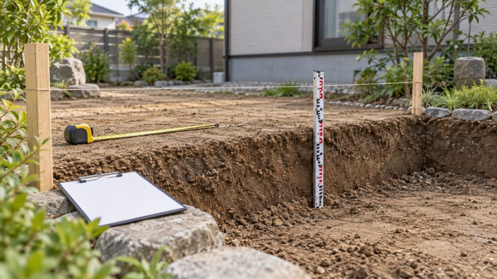 庭の盛土と切土の高さを測量して外構見積を確認するテーマ画像