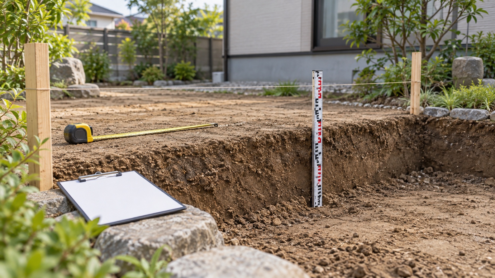庭の盛土と切土の高さを測量して外構見積を確認するテーマ画像