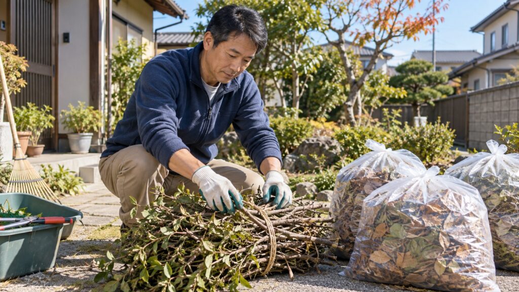 一宮の庭で剪定枝と落ち葉を燃やさず分別するDIY作業のテーマ画像