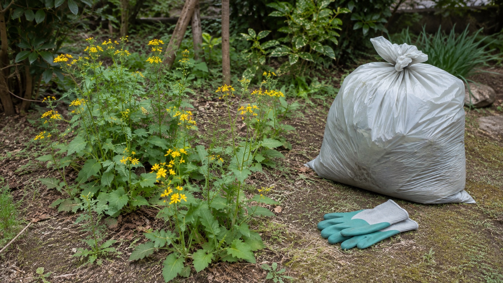 庭じまい前に黄色い外来植物を袋へ分けて処理するテーマ画像