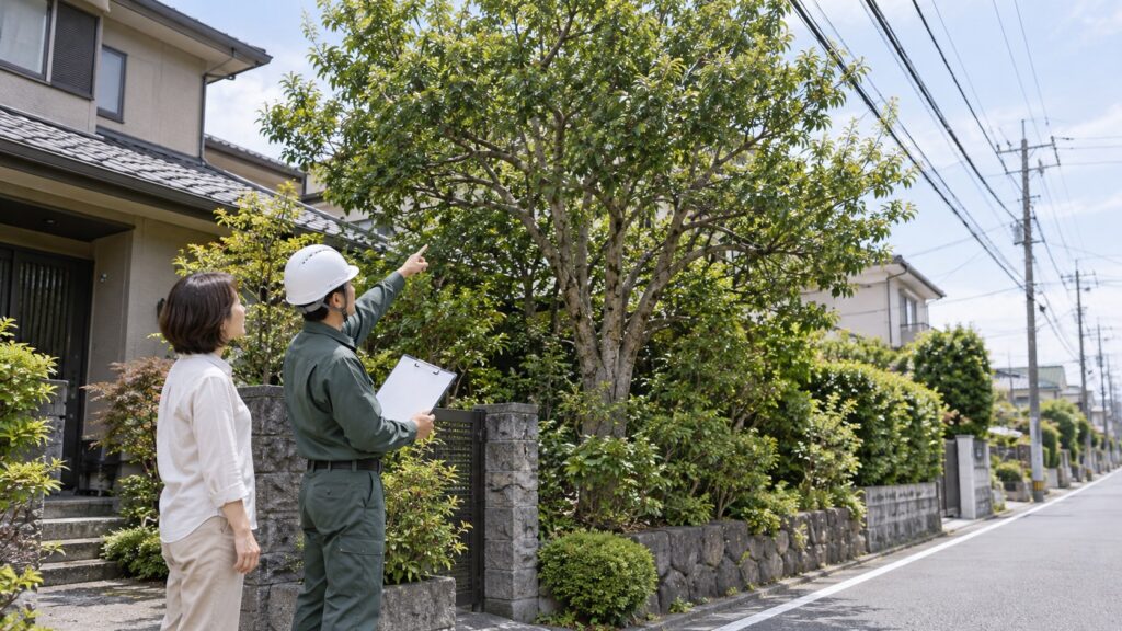 道路と電線から距離を取り庭木の剪定範囲を確認するテーマ画像