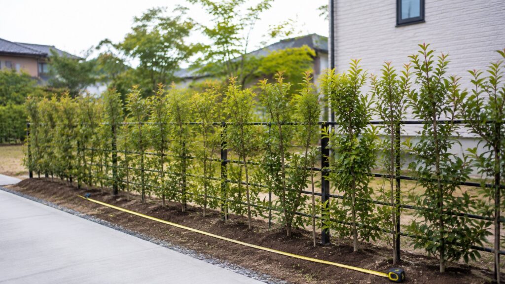 住宅境界に若い生垣と支柱を設置する計画を表すテーマ画像